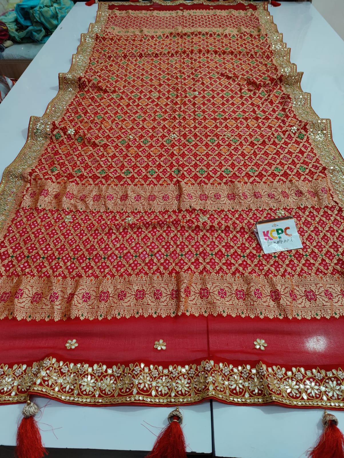 Pure Meenakari Khaddi Georgette Upada Janglaw Bandhani Neemzari Bridal Red Chunri Dupatta With Zero