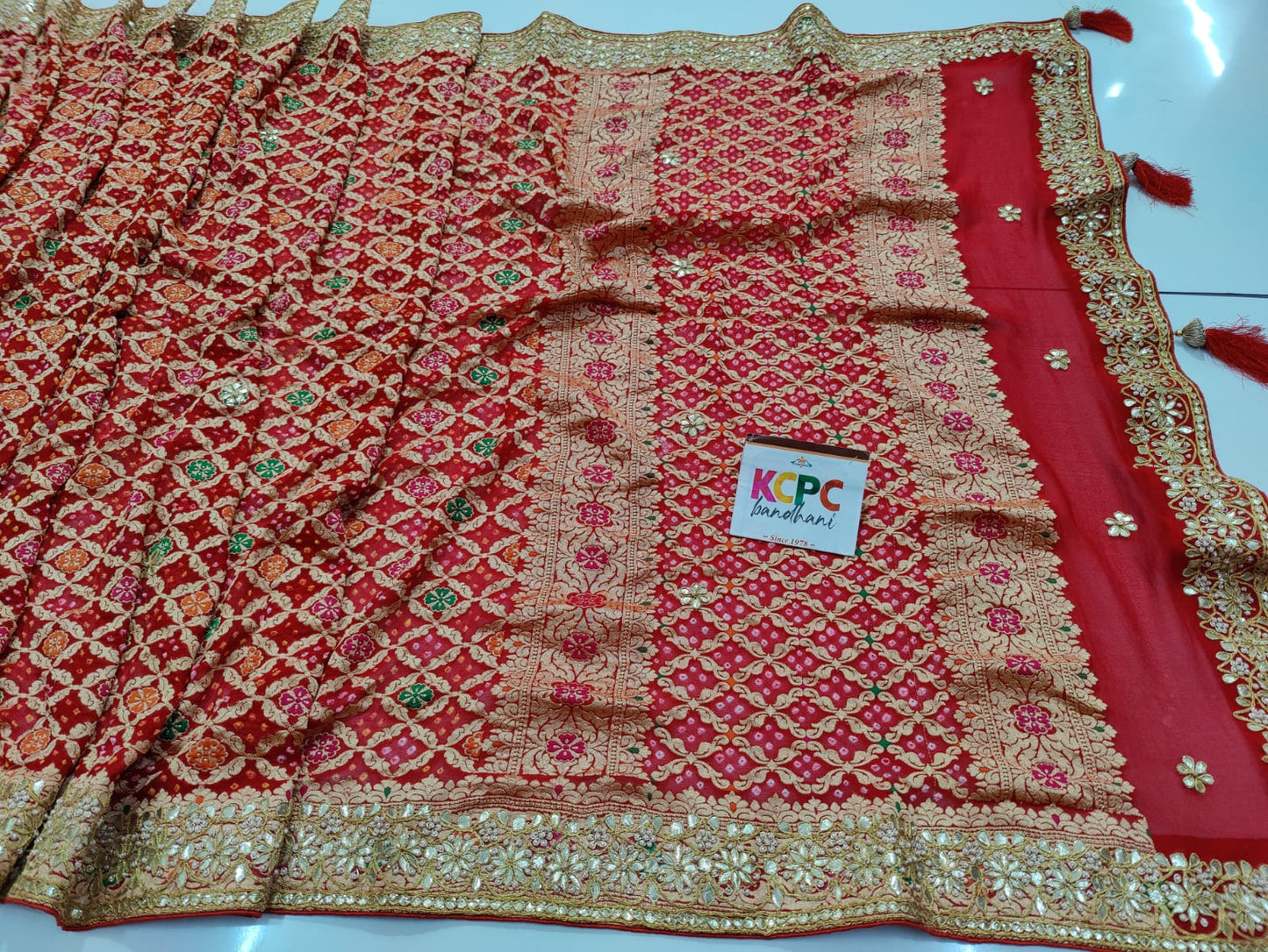 Pure Meenakari Khaddi Georgette Upada Janglaw Bandhani Neemzari Bridal Red Chunri Dupatta With Zero