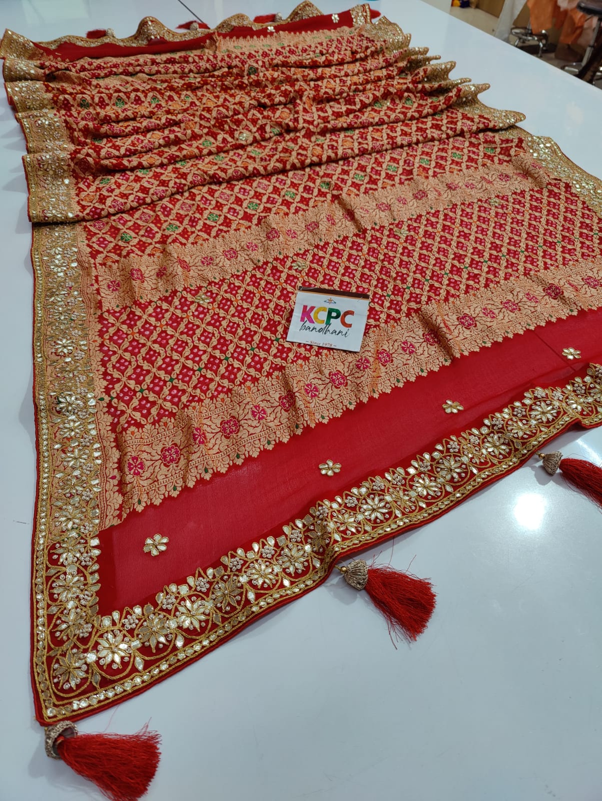 Pure Meenakari Khaddi Georgette Upada Janglaw Bandhani Neemzari Bridal Red Chunri Dupatta With Zero