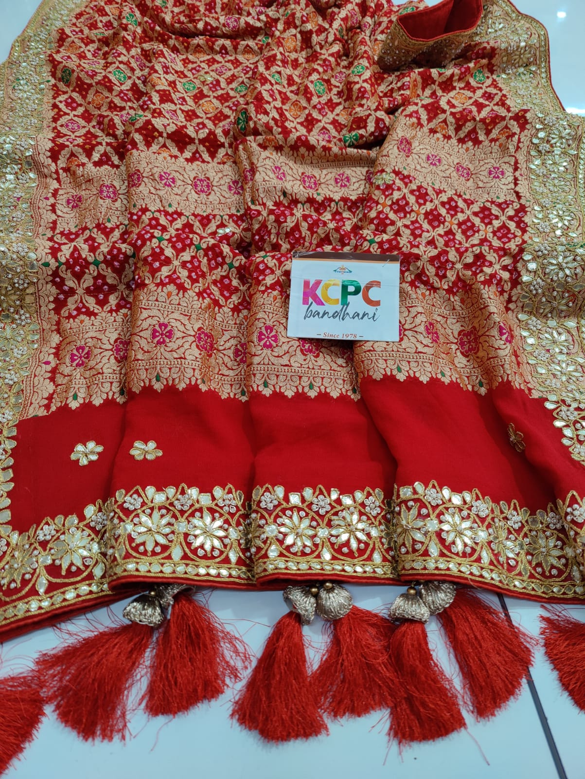 Pure Meenakari Khaddi Georgette Upada Janglaw Bandhani Neemzari Bridal Red Chunri Dupatta With Zero