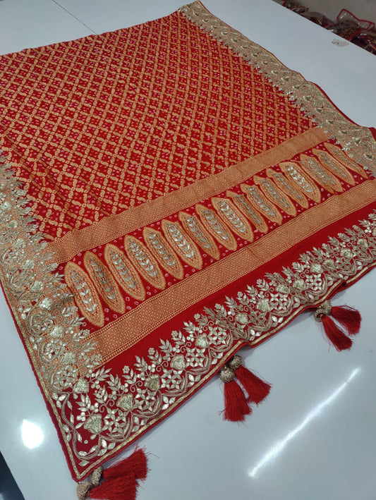 Pure Khaddi Georgette Upada Janglaw Bandhani Neemzari Bridal Red Chunri Dupatta Kcpc Nr