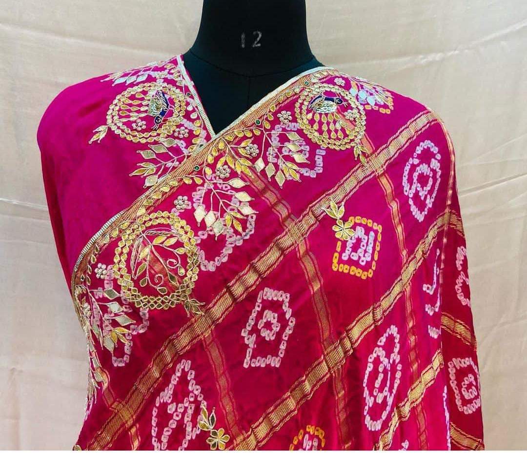 Pure Gaji Silk Bandhani Ghatchola Gotapatti Saree With Blouse Rani