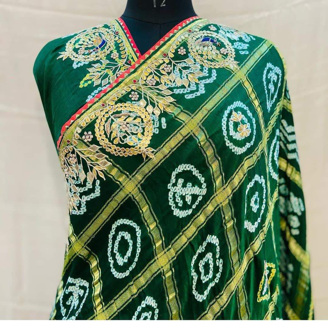 Pure Gaji Silk Bandhani Ghatchola Gotapatti Saree With Blouse Green