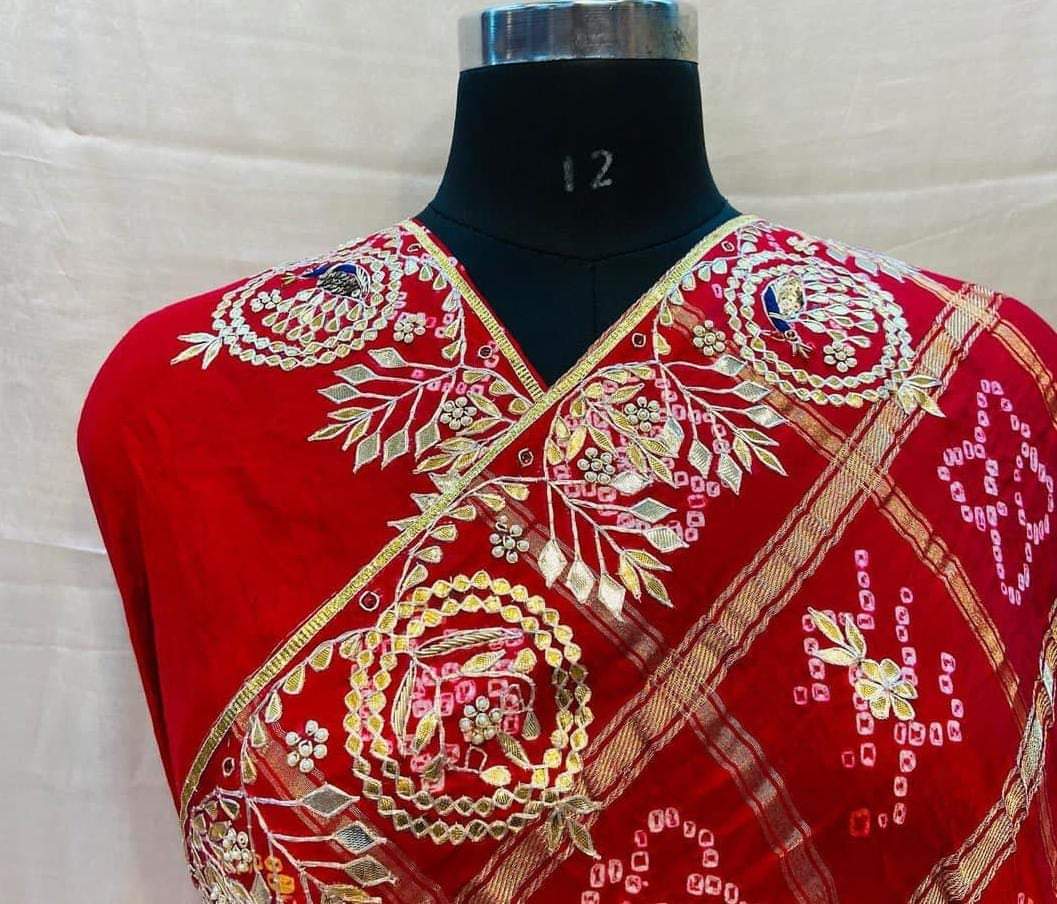 Pure Gaji Silk Bandhani Ghatchola Gotapatti Saree With Blouse Red