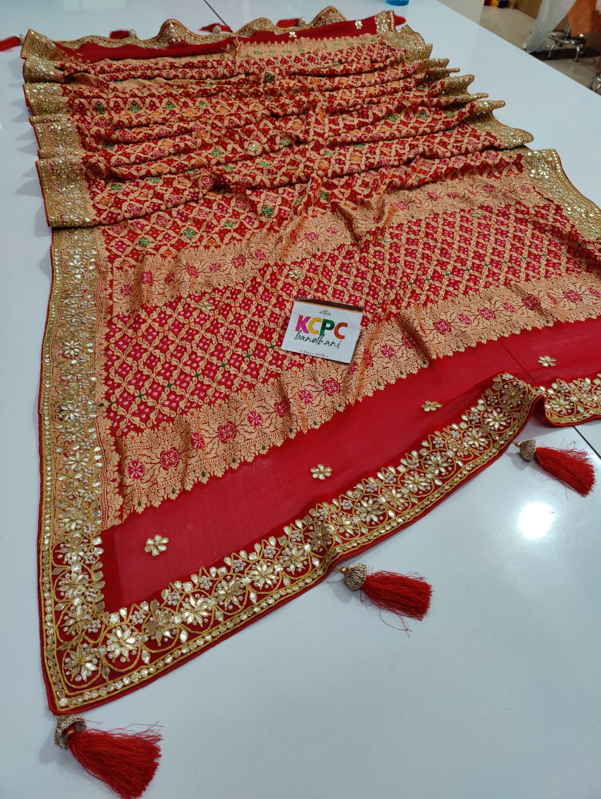 Pure Meenakari Khaddi Georgette Upada Janglaw Bandhani Neemzari Bridal Red Chunri Dupatta With Zero