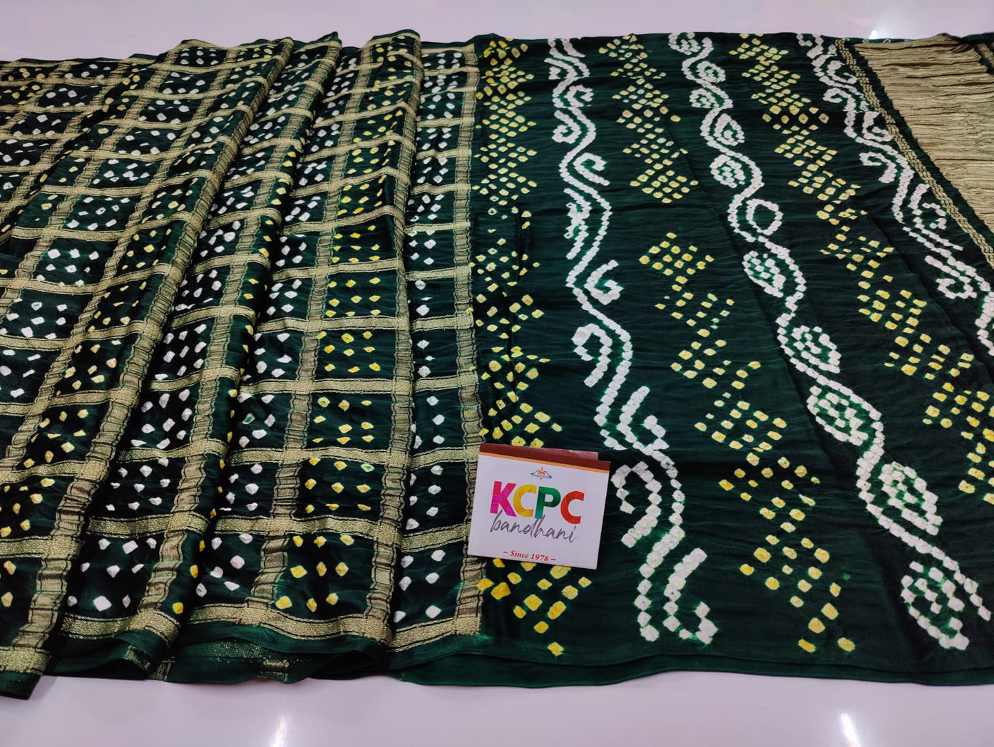 Pure Gaji Silk Bandhani Ghatchola Saree With Lagdi Patta Pallu Kcpc Nr Bottle Green