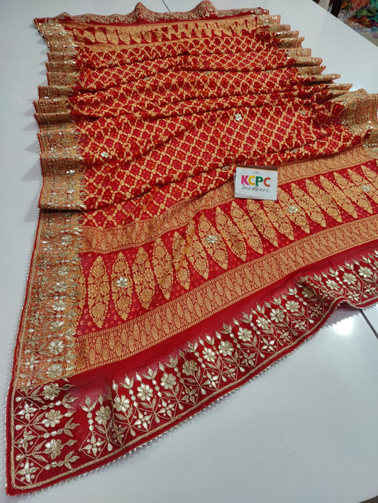 Pure Khaddi Georgette Upada Janglaw Bandhani Neemzari Bridal Red Chunri Dupatta With Zero Gotapatti