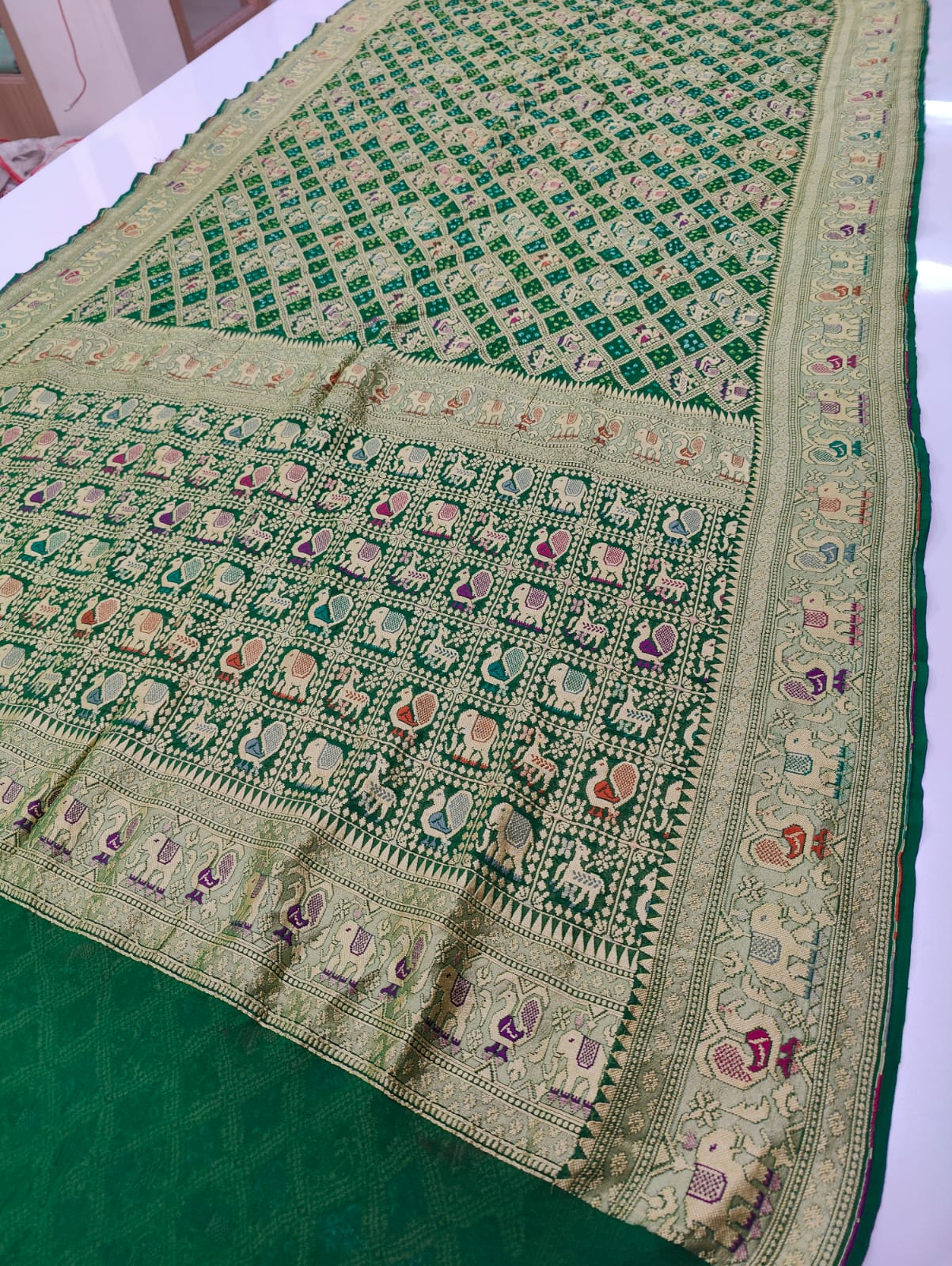 Pure Figure Design Khaddi Georgette Upada Janglaw Bandhani Neemzari Saree With Blouse Ir Kc Green