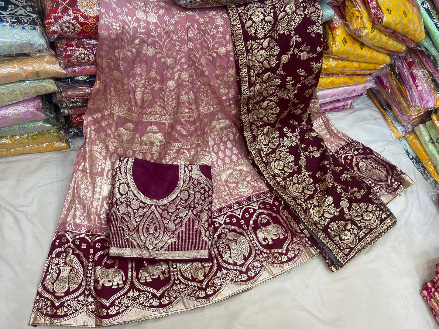 Pure Banarasi Dola Silk Lehenga With Zari Work Bit Or Pink Wine Lehenga