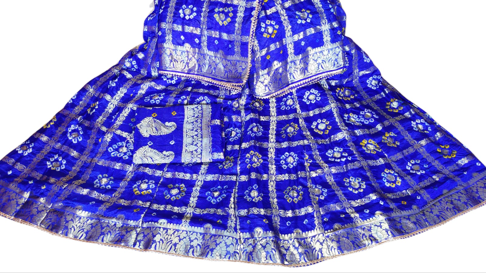 Rajasthani Bandhej Ghatchola Zari Work Lehenga Kml Or Royal Blue Lehenga