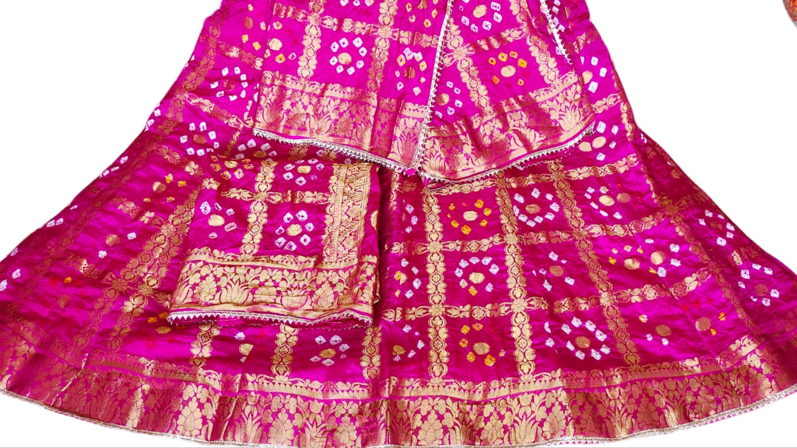 Rajasthani Bandhej Ghatchola Zari Work Lehenga Kml Or Pink Lehenga