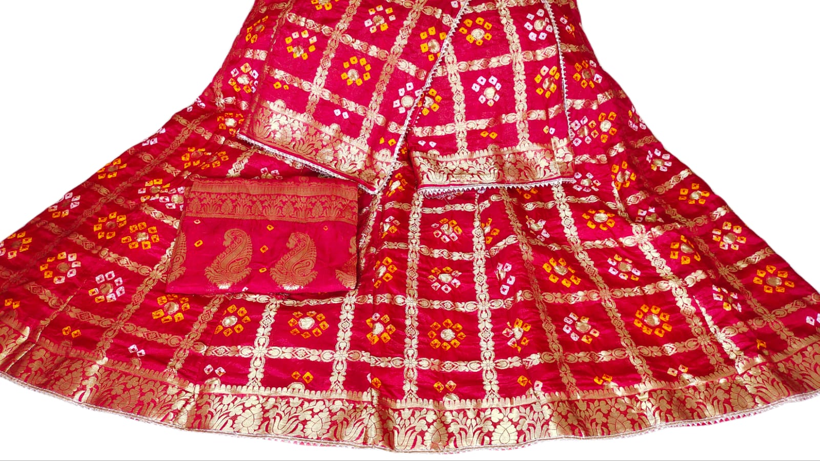 Rajasthani Bandhej Ghatchola Zari Work Lehenga Kml Or Red Lehenga