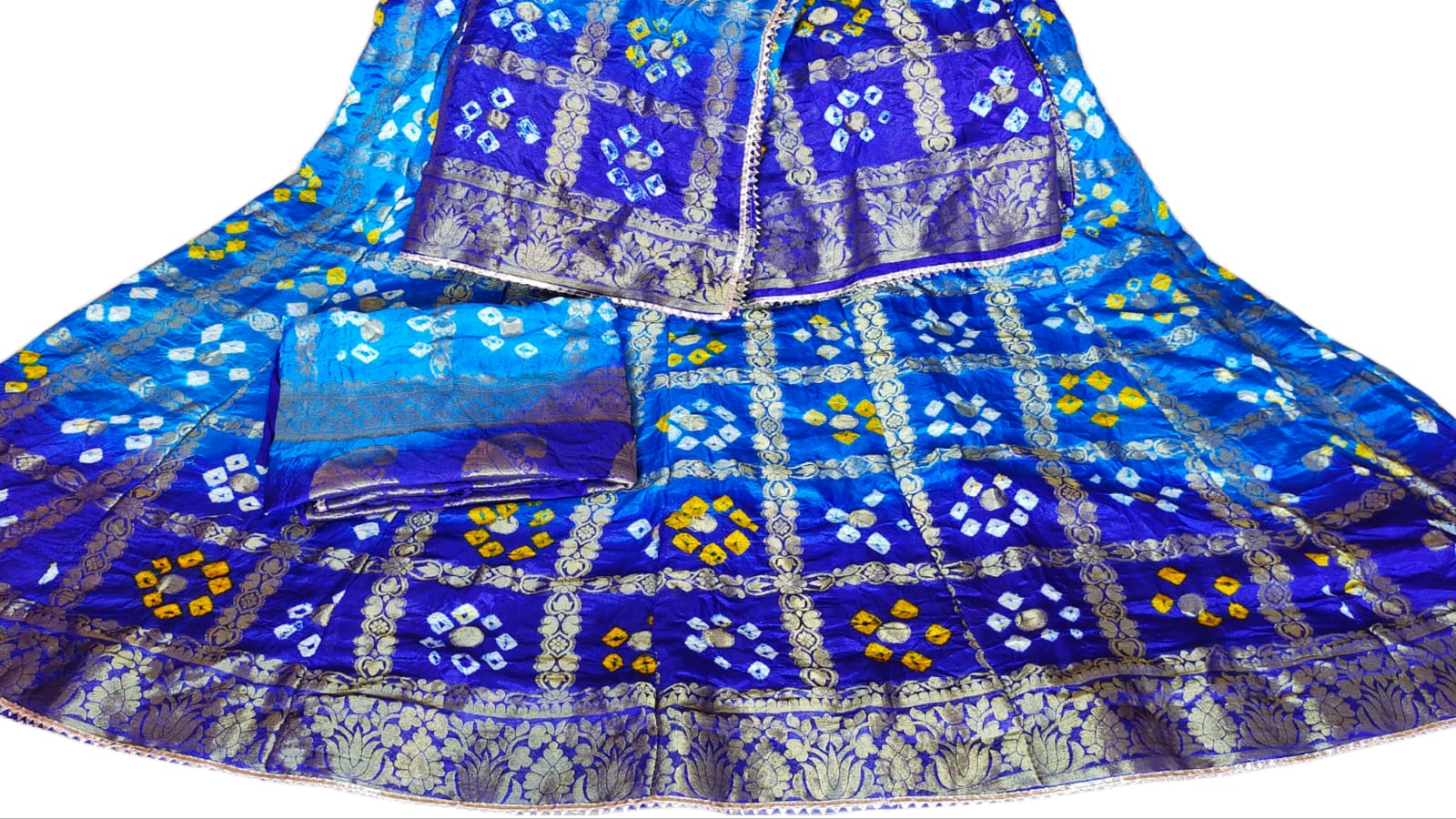 Rajasthani Bandhej Ghatchola Zari Work Lehenga Kml Or Sky Blue Lehenga