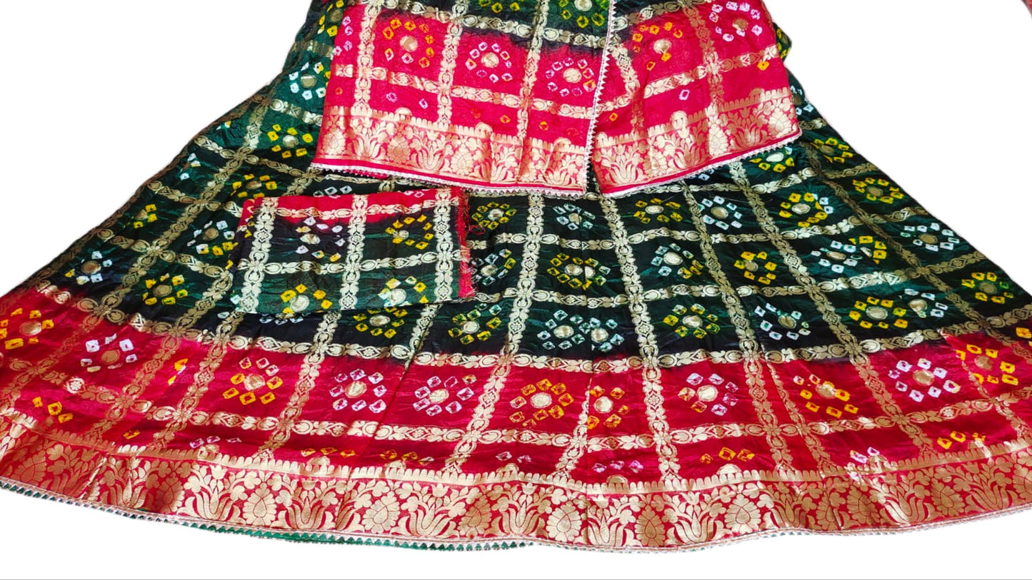 Rajasthani Bandhej Ghatchola Zari Work Lehenga Kml Or Green Red Lehenga