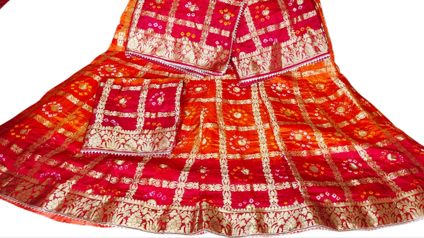 Rajasthani Bandhej Ghatchola Zari Work Lehenga Kml Or Orange Red Lehenga