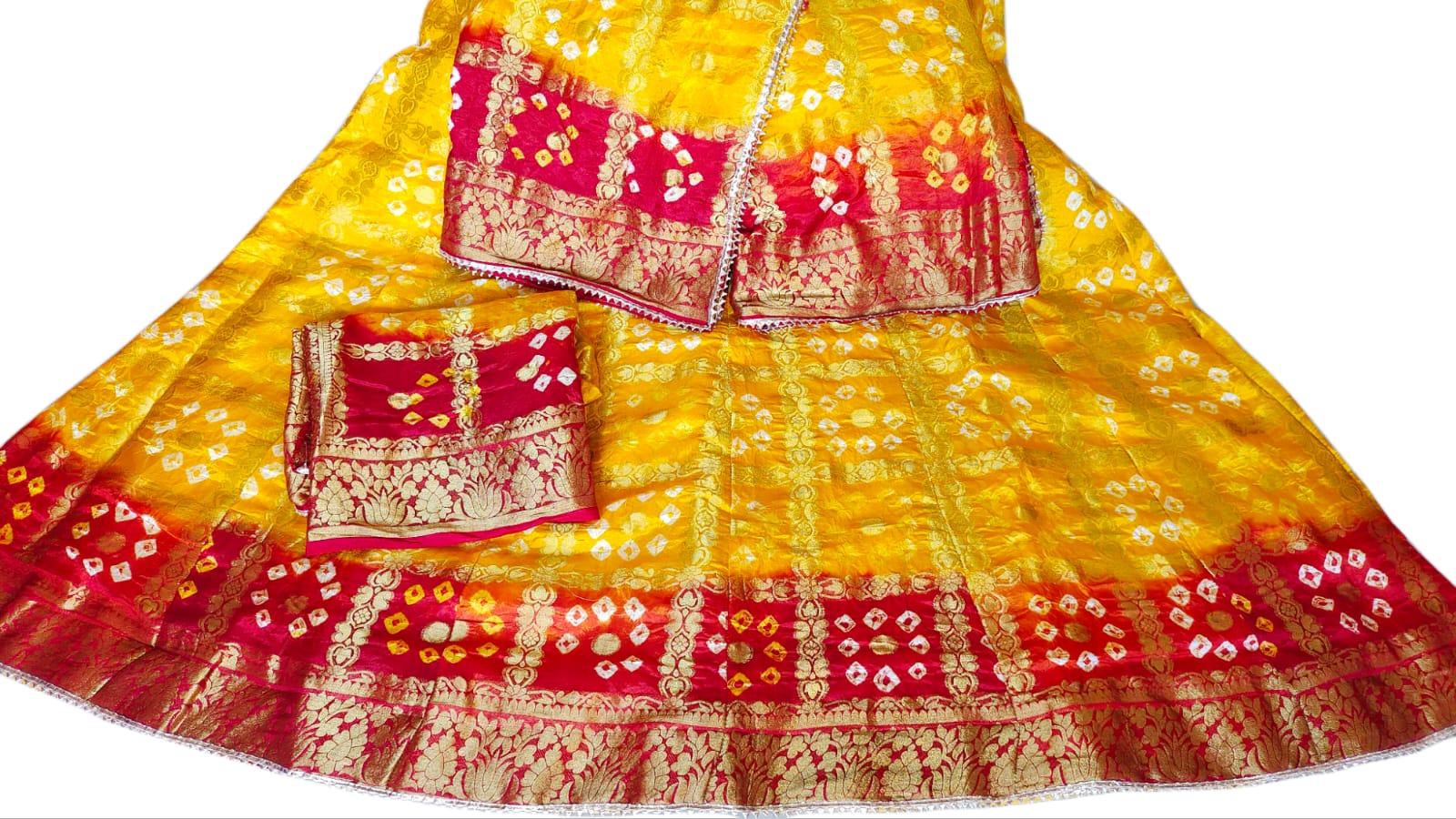 Rajasthani Bandhej Ghatchola Zari Work Lehenga Kml Or Yellow Red Lehenga