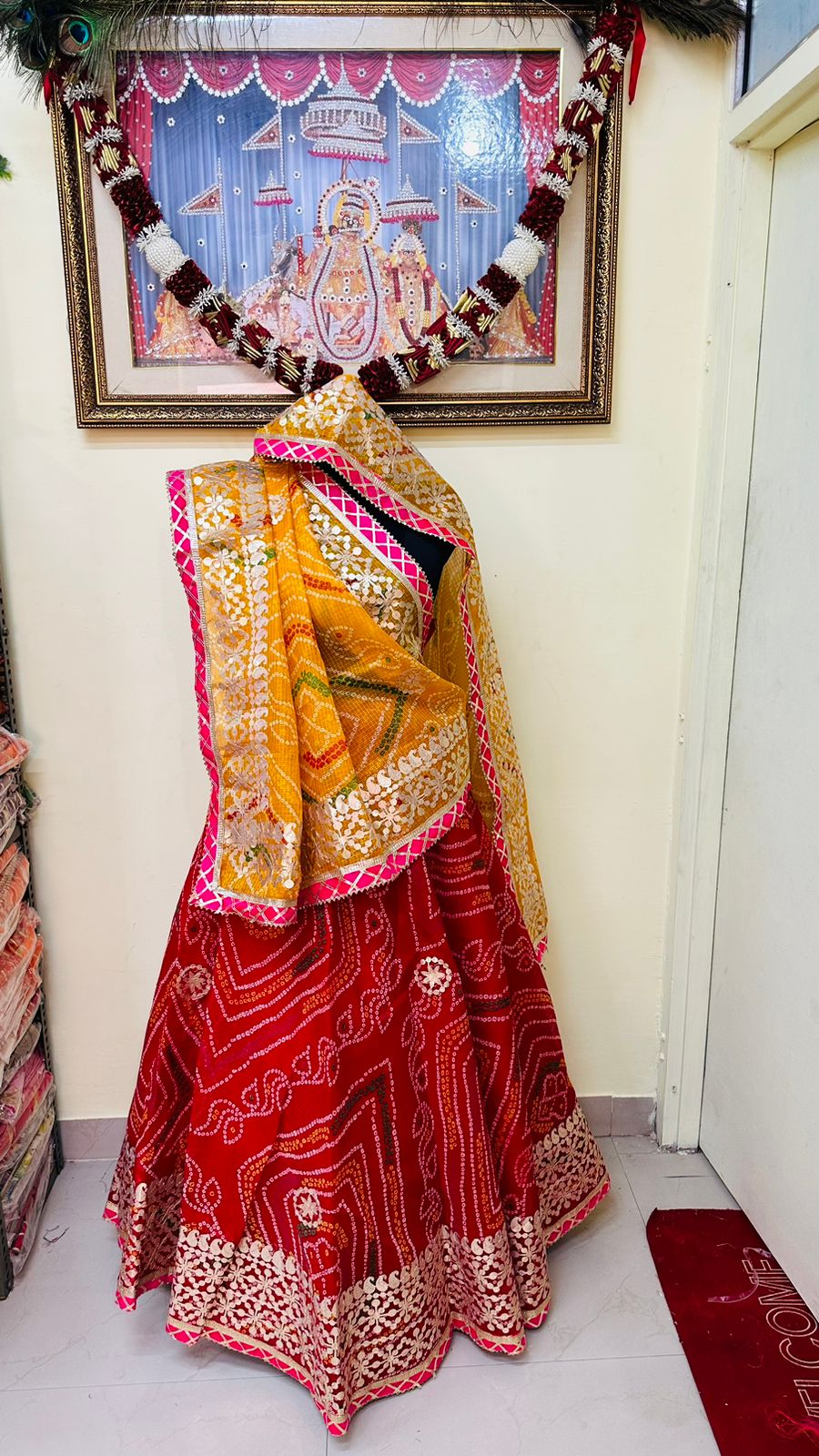 Pure Kota Doria Bandhej Lehenga Chunni With Gottapatti Kml Or Red Yellow