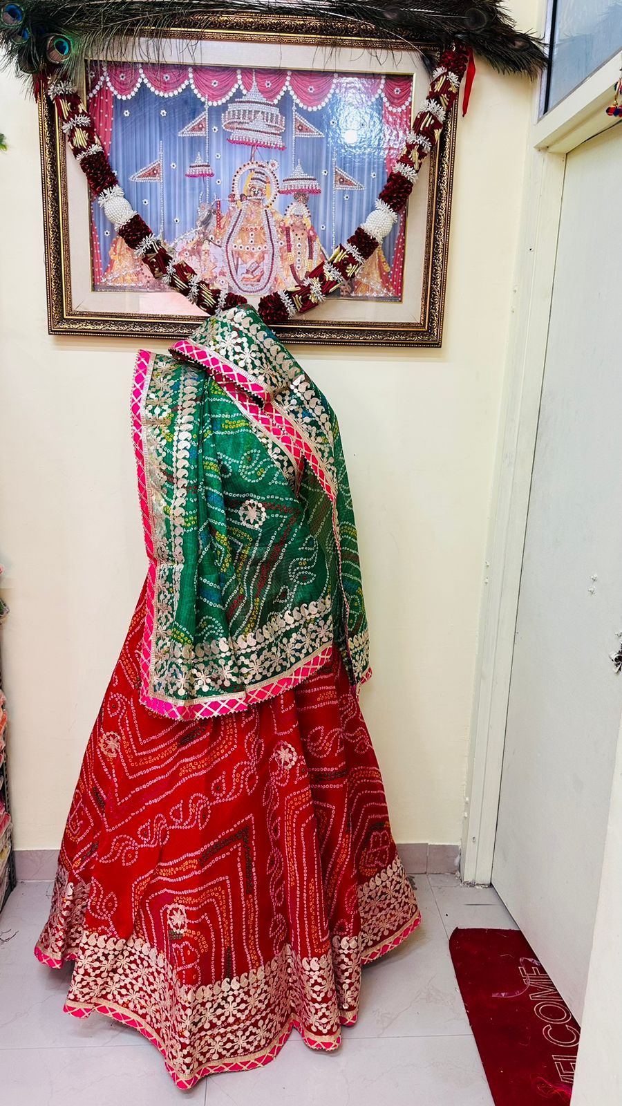 Pure Kota Doria Bandhej Lehenga Chunni With Gottapatti Kml Or Red Green