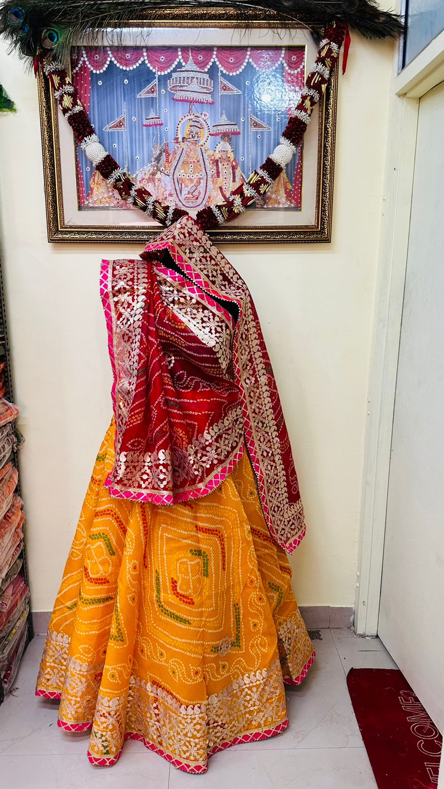 Pure Kota Doria Bandhej Lehenga Chunni With Gottapatti Kml Or Yellow Red