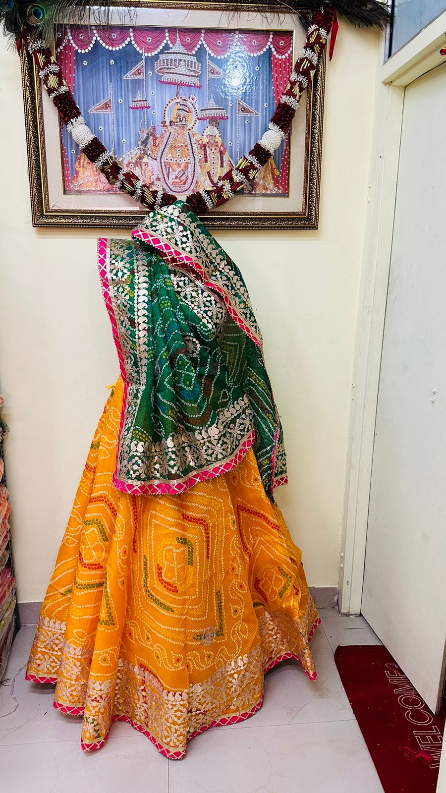 Pure Kota Doria Bandhej Lehenga Chunni With Gottapatti Kml Or Yellow Green