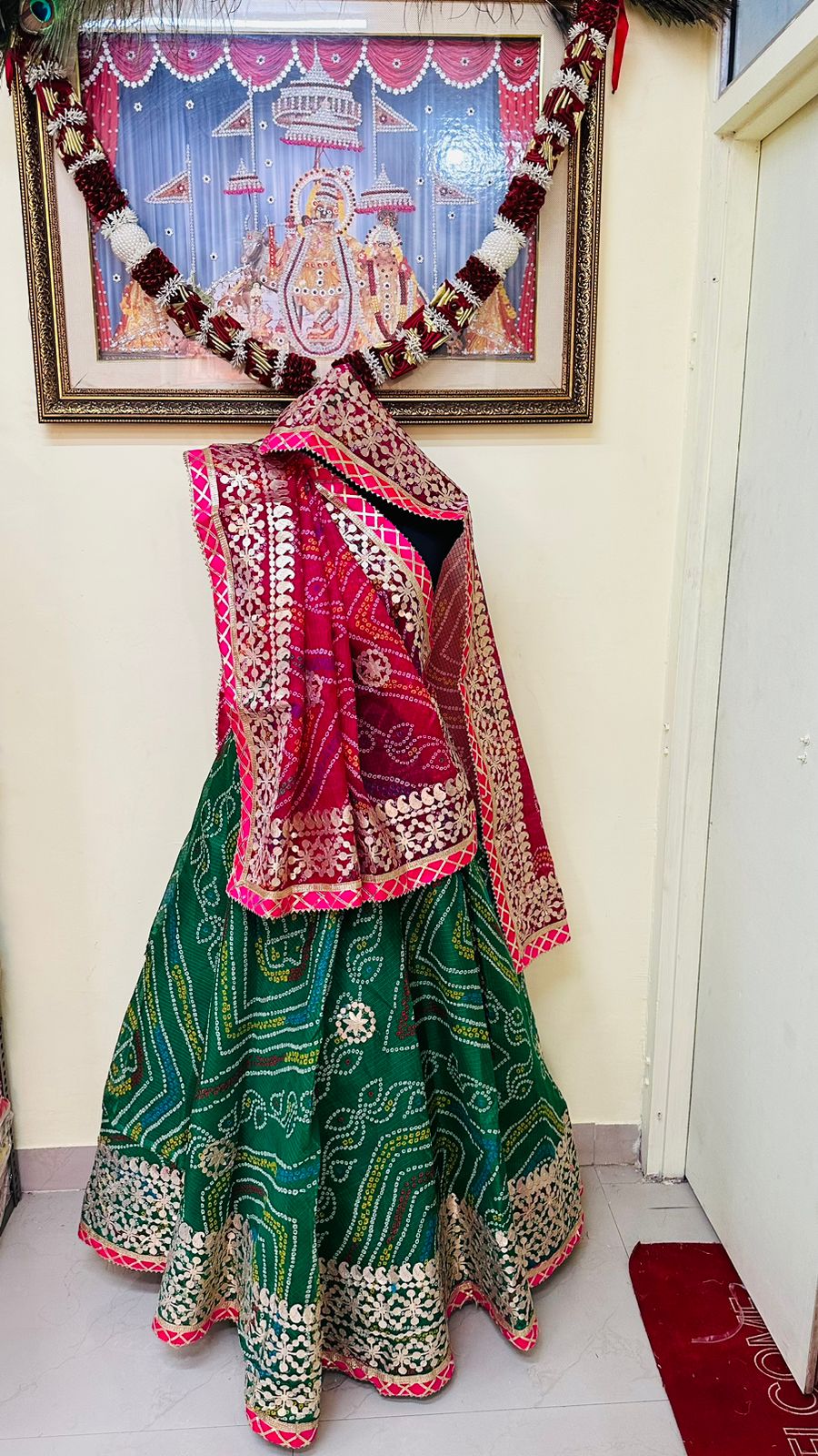 Pure Kota Doria Bandhej Lehenga Chunni With Gottapatti Kml Or Green Rani