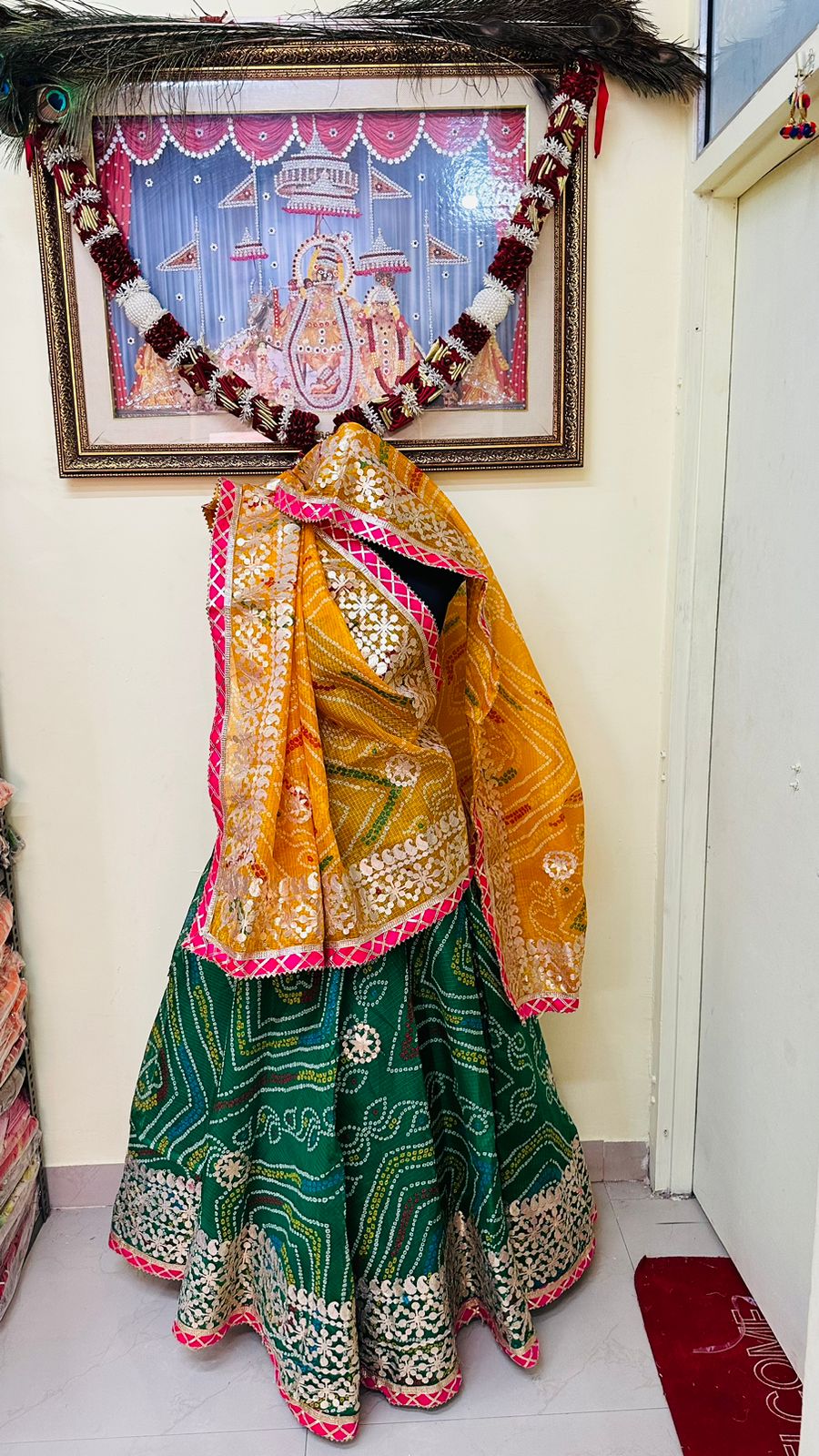 Pure Kota Doria Bandhej Lehenga Chunni With Gottapatti Kml Or Green Yellow