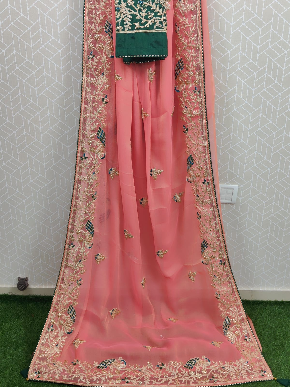 Pure Chiffon With Made Hand Coding Embroidery Zari Ston Work Saree Pvk Nr Peach Saree