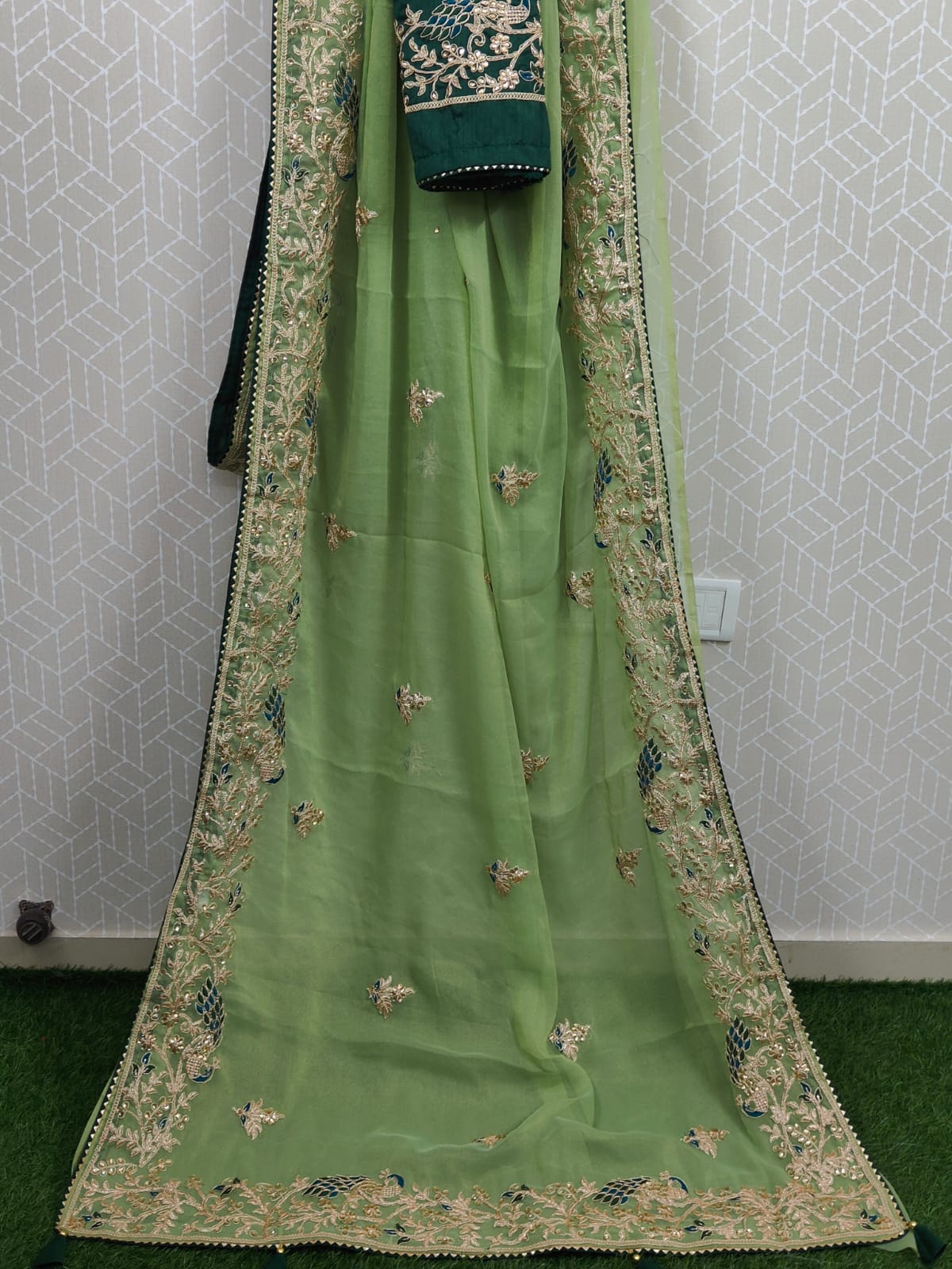 Pure Chiffon With Made Hand Coding Embroidery Zari Ston Work Saree Pvk Nr Pista Saree