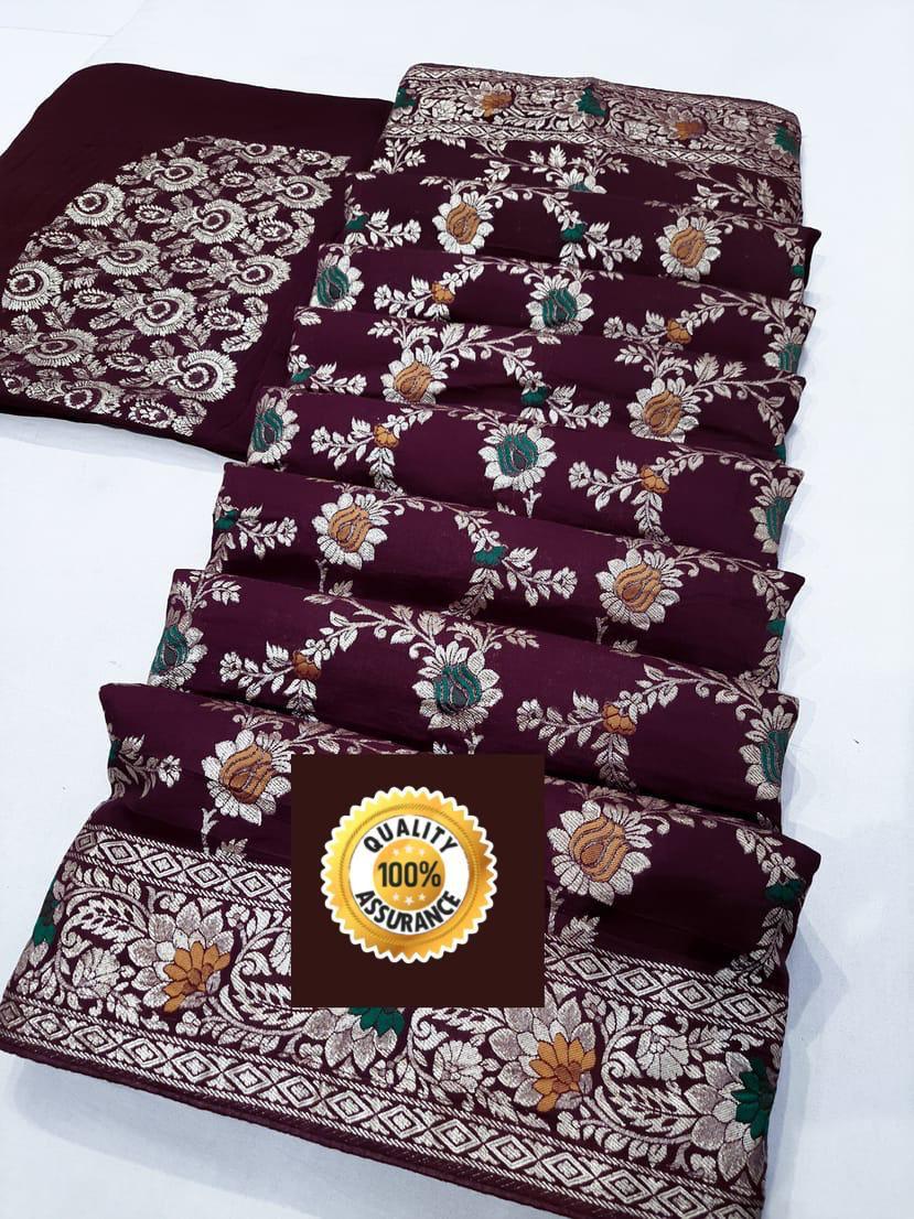 Pure Banarasi Cotton Silk With Zari Weaving Butti Border Saree Ash Or Wine Saree