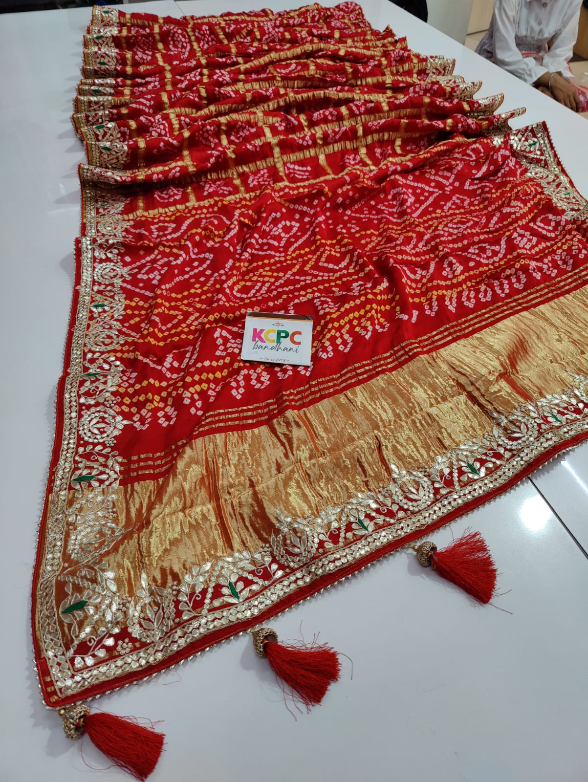 Pure Gaji Silk Bandhani Ghatchola Gotapatti Saree Nr Kcpc Red