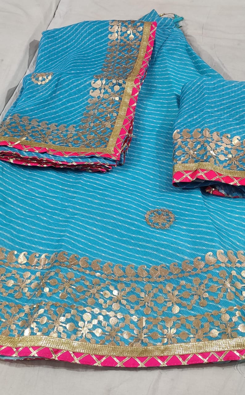 Rajasthani Lahariya Kotta Doriya Gharchola Gotaptti Lehenga Kml Or Sky Blue Lehenga