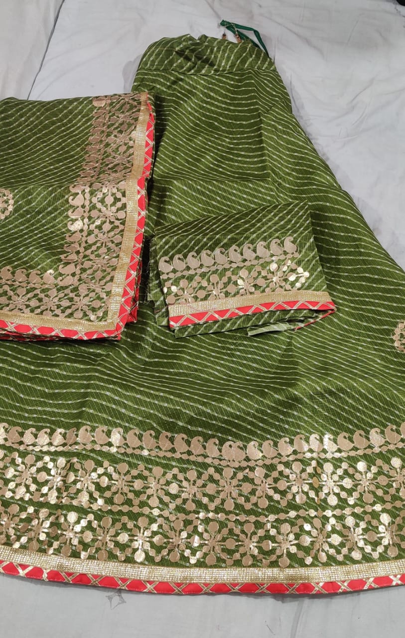 Rajasthani Lahariya Kotta Doriya Gharchola Gotaptti Lehenga Kml Or Mehndi Green Lehenga