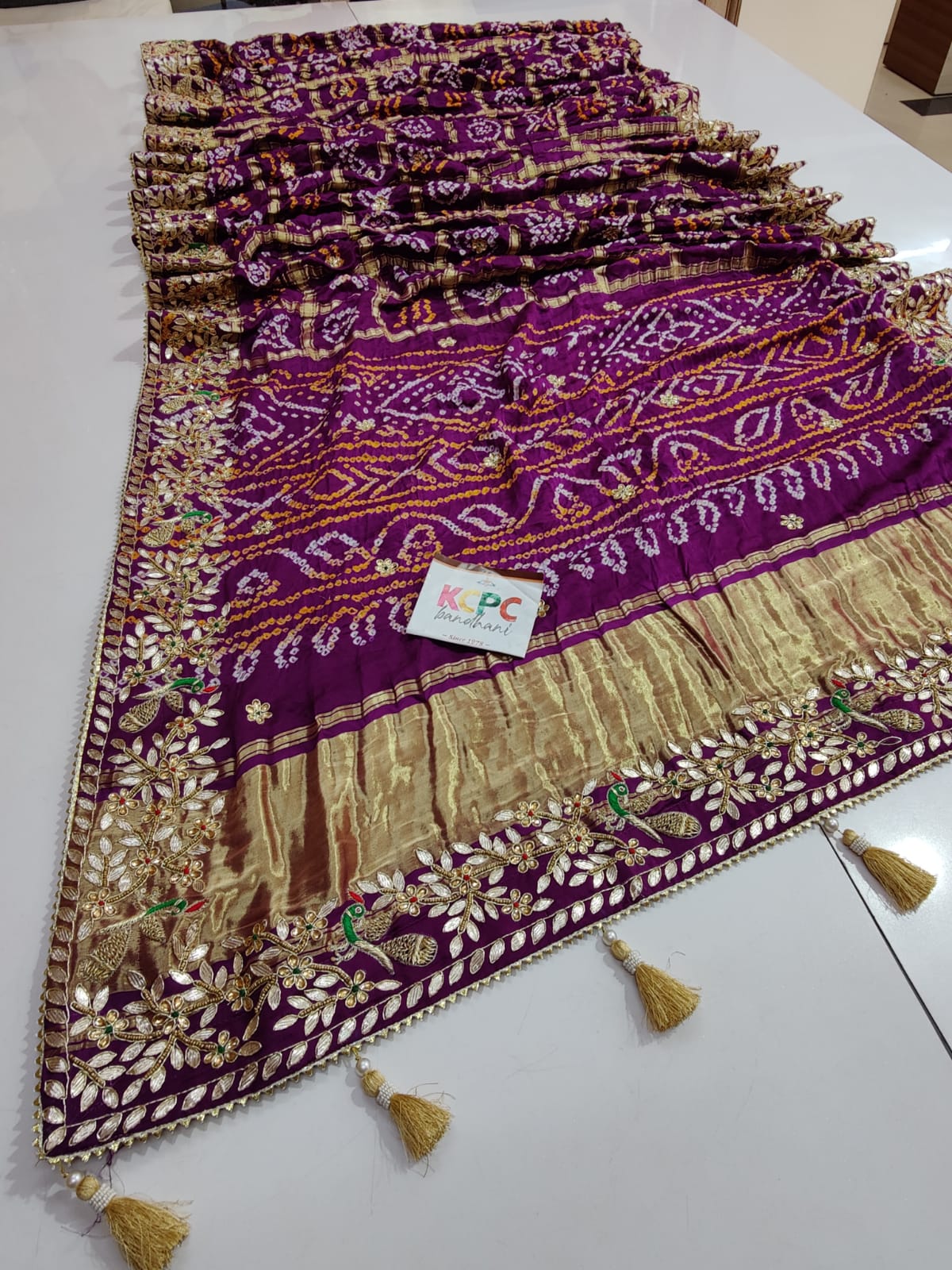 Pure Gaji Silk Bandhani Ghatchola Heavy Gotapatti Work Saree Kcpc Or Purple