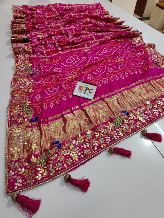 Pure Gaji Silk Bandhani Ghatchola Heavy Gotapatti Work Saree Kcpc Or Rani