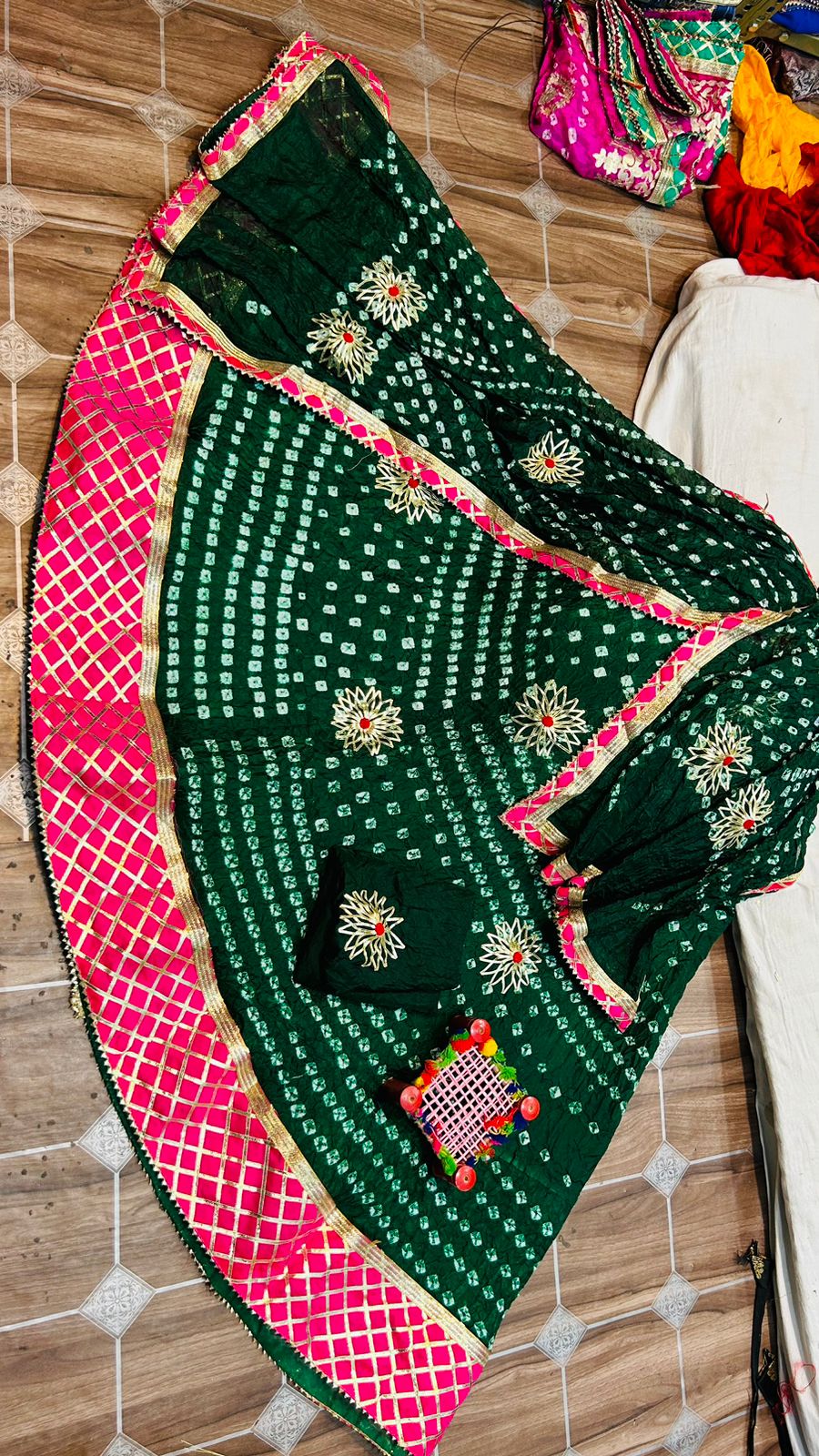 Traditional Jaipuri Beautiful Bandhni Gota Patti Work Lehenga Or Kml Bottle Green