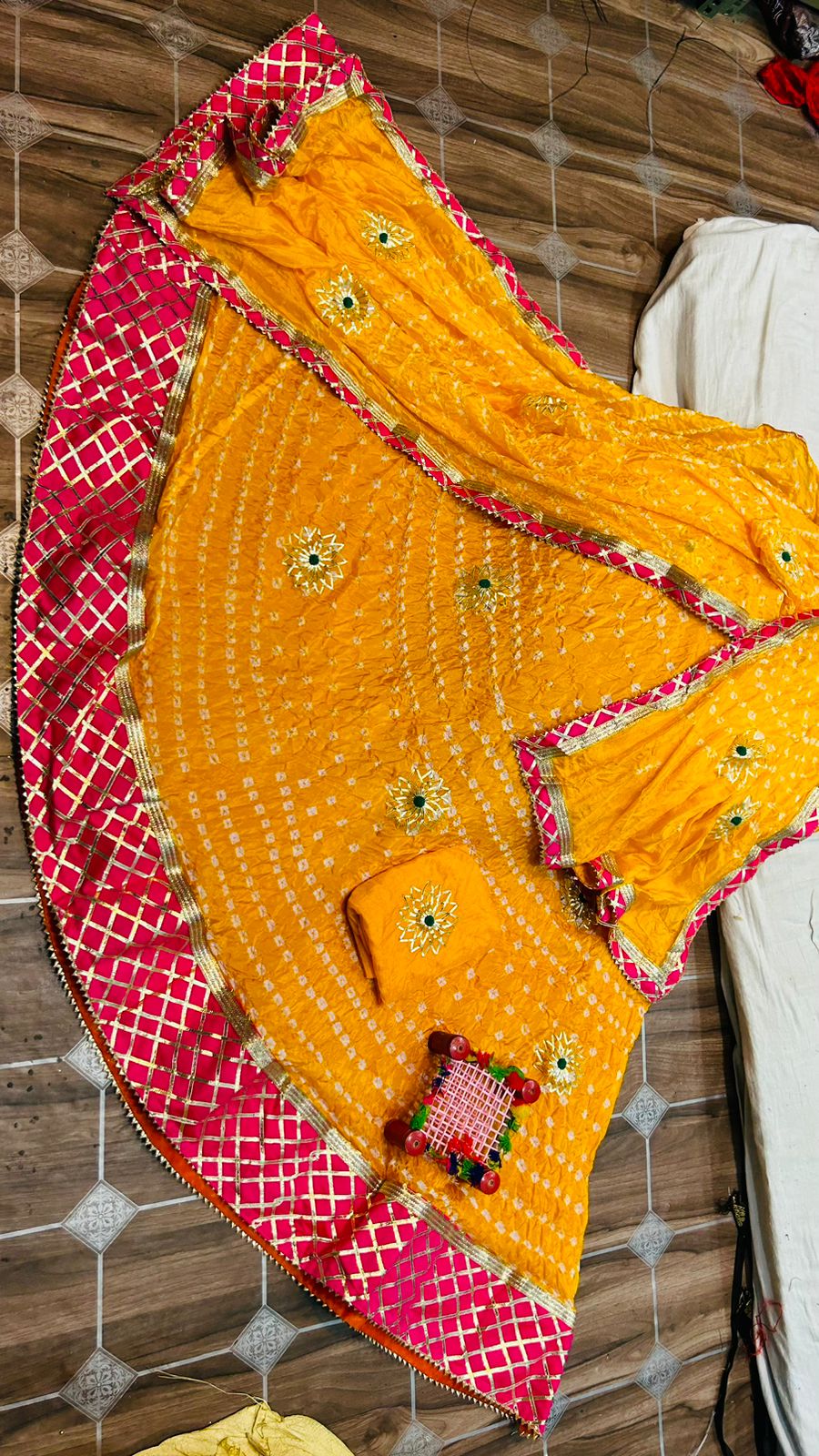 Traditional Jaipuri Beautiful Bandhni Gota Patti Work Lehenga Or Kml Yellow