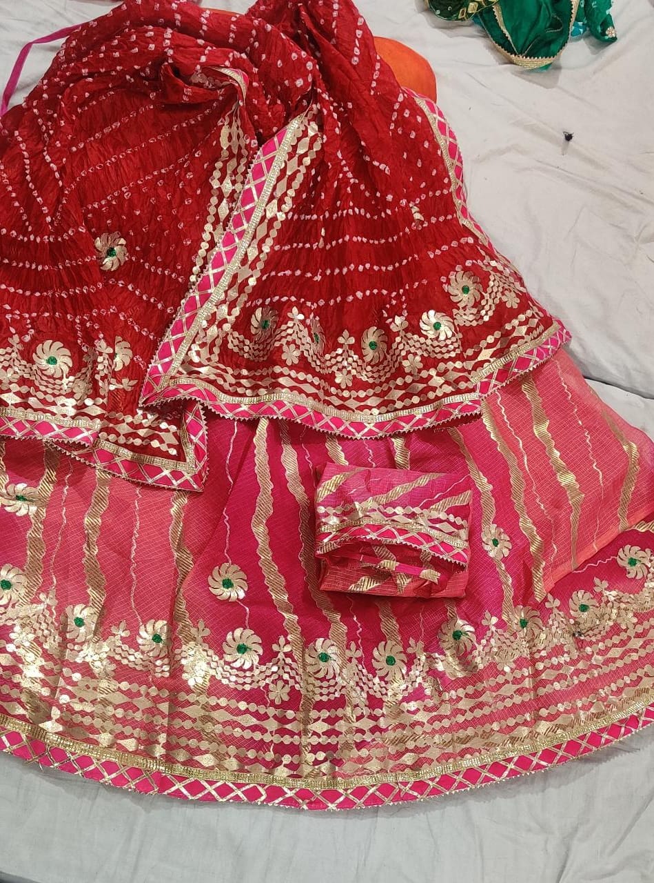 Pure Kota Silk Beautiful Rajasthani Lehriya Print With Gotapatti Work Lehenga Kml Or