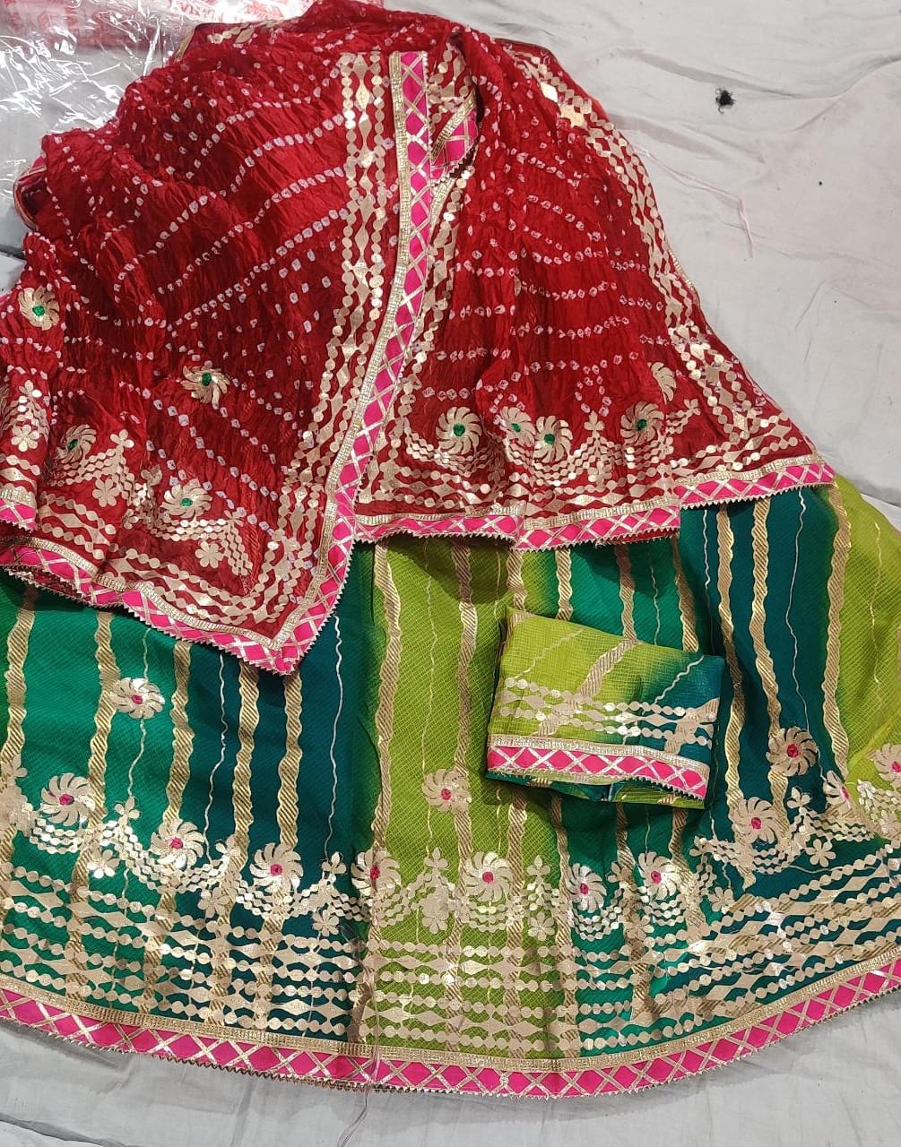 Pure Kota Silk Beautiful Rajasthani Lehriya Print With Gotapatti Work Lehenga Kml Or Green Red