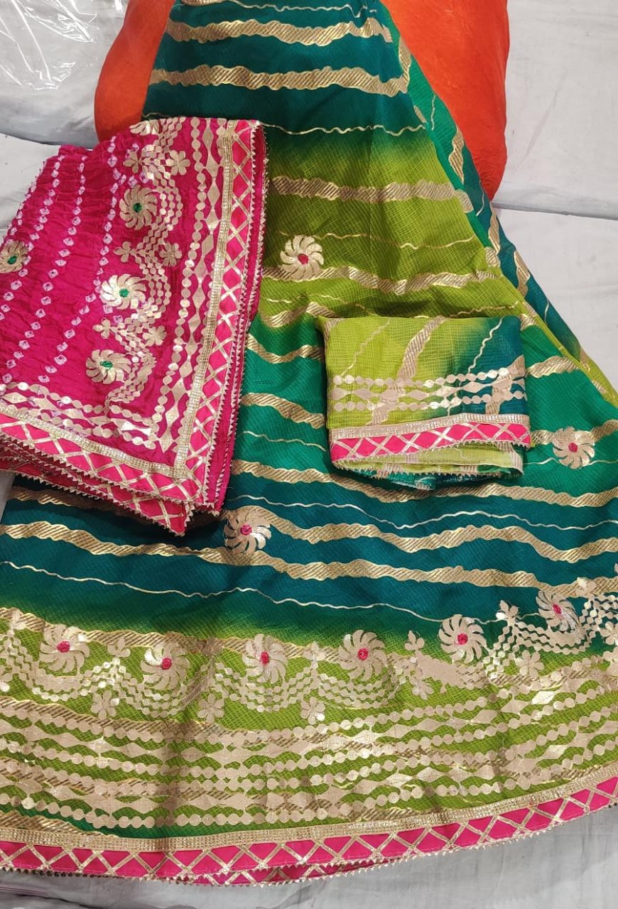 Pure Kota Silk Beautiful Rajasthani Lehriya Print With Gotapatti Work Lehenga Kml Or Green Pink