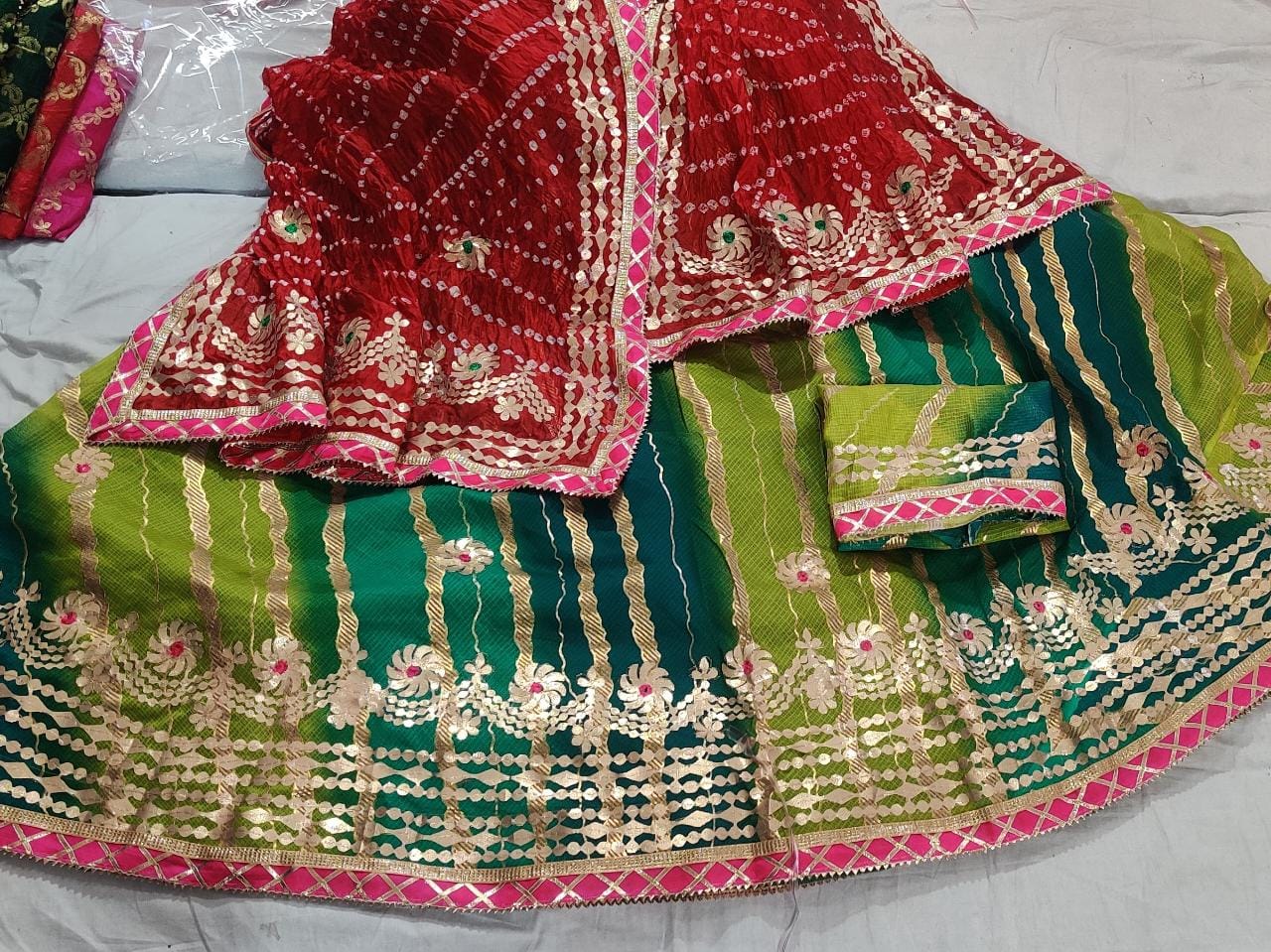 Pure Kota Silk Beautiful Rajasthani Lehriya Print With Gotapatti Work Lehenga Kml Or