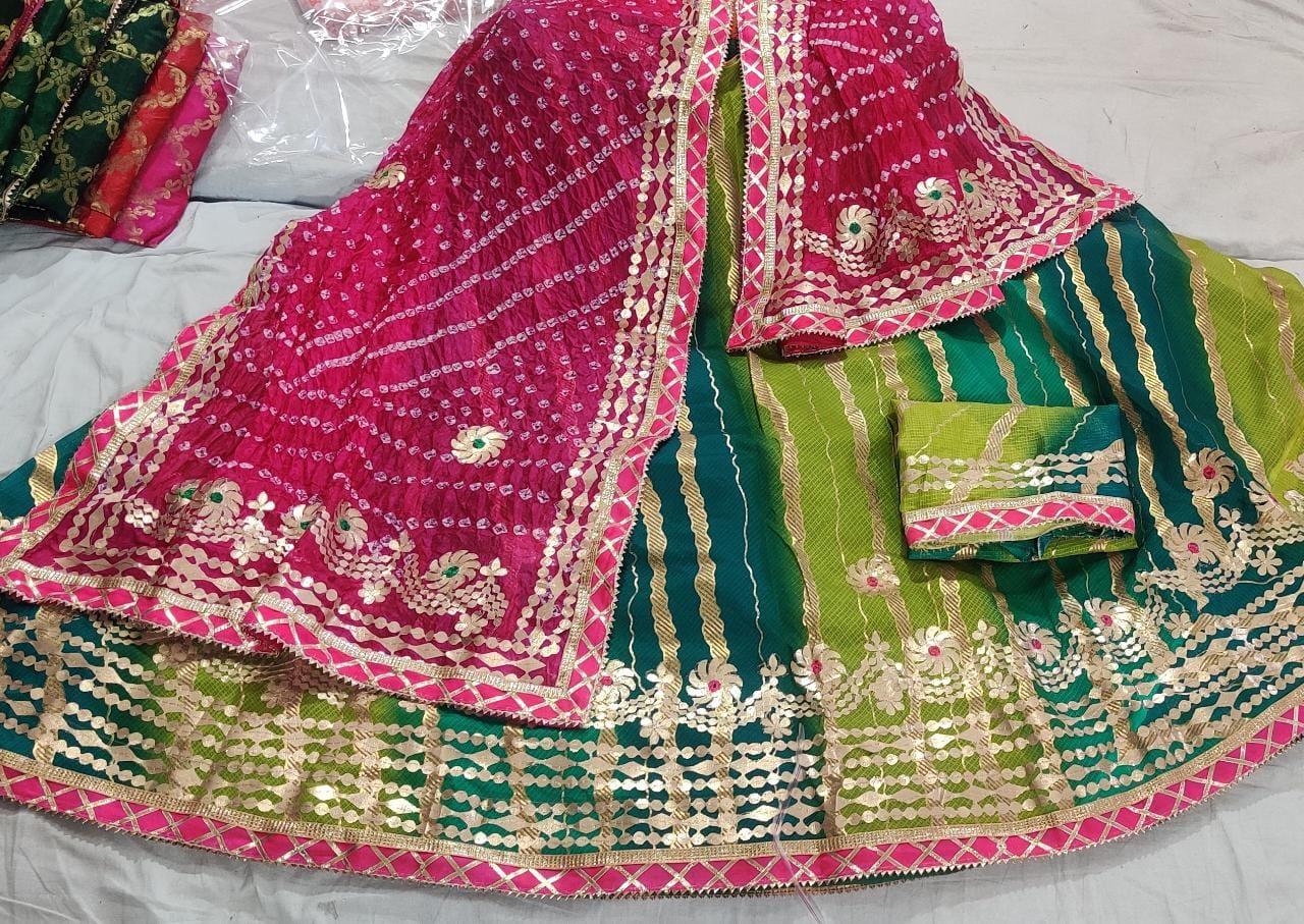 Pure Kota Silk Beautiful Rajasthani Lehriya Print With Gotapatti Work Lehenga Kml Or