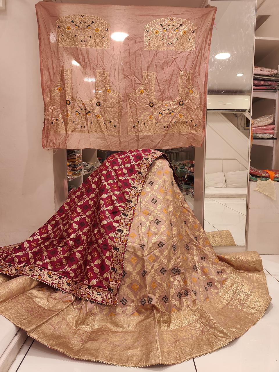 Pure Banarasi Dola Silk With Jaipuri Dai With Zari Work Lehenga Bitu Nr Cream Wine