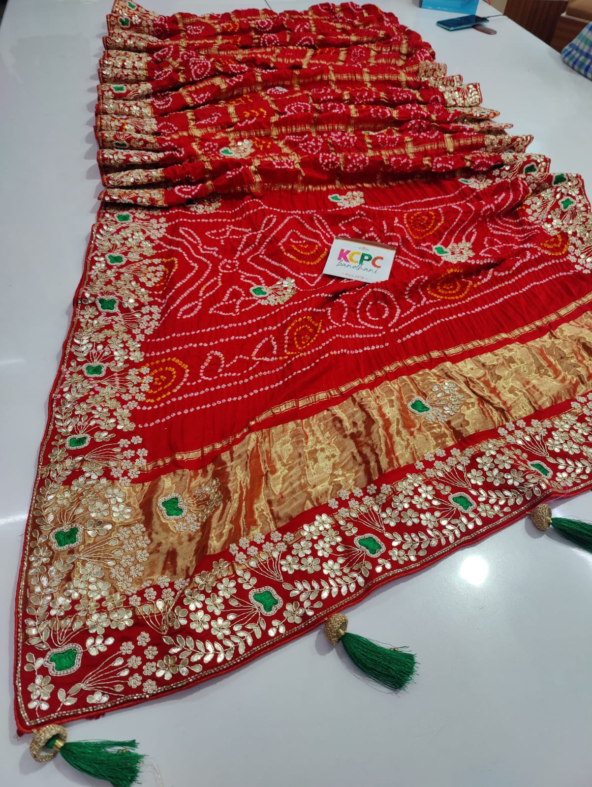 Pure Gaji Silk Bandhani Ghatchola With Gota Patti Work Saree Bj Nr Red