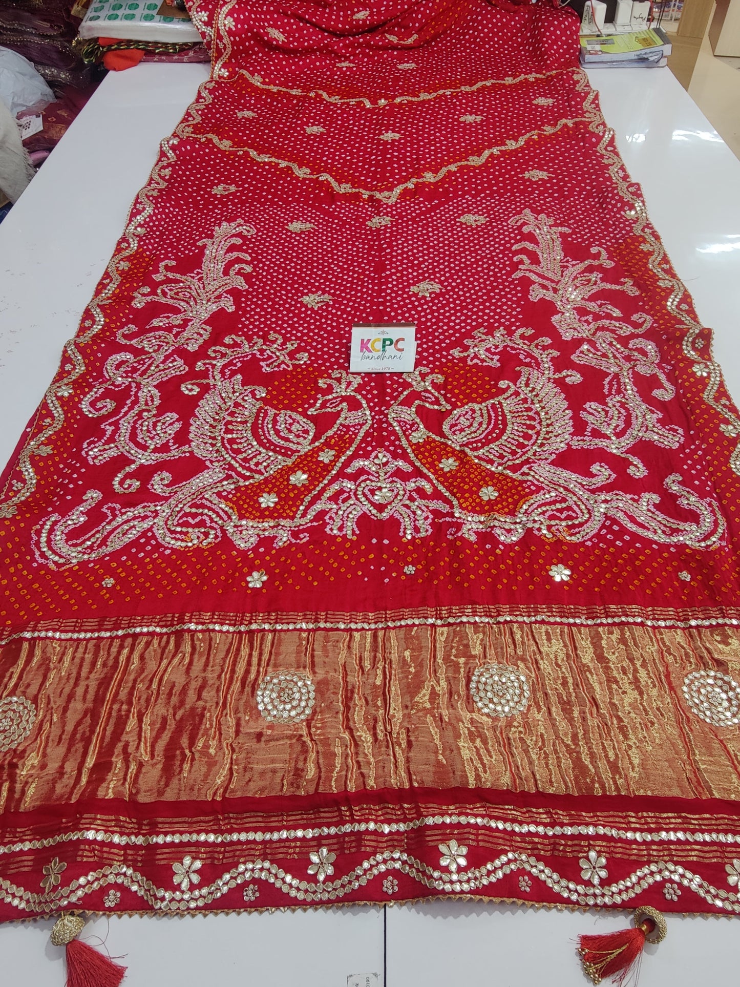 Pure Gaji Silk Bandhani Mayur Heavy Gotapatti Work Saree With Blouse Nr