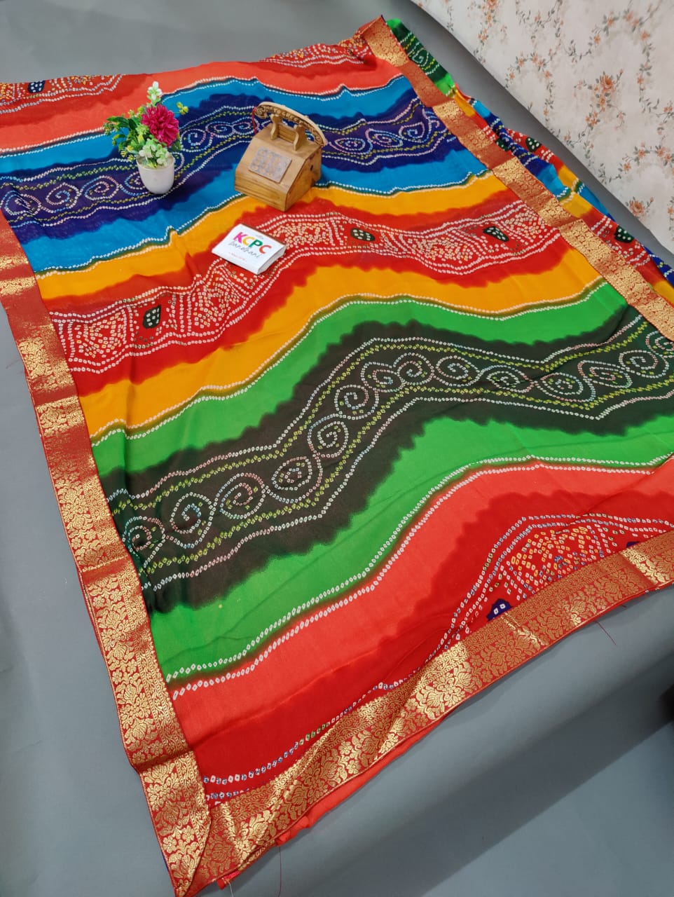 Beautiful Moss Chiffon Georgette Bandhani Sarees Or Kcpc Multi Colour Saree