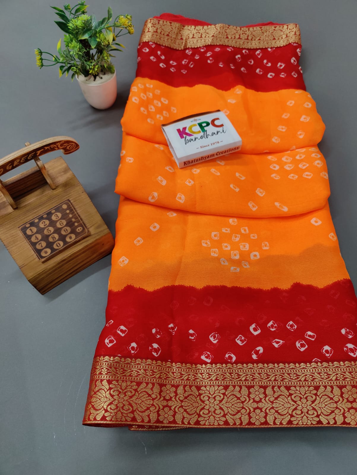 Beautiful Moss Chiffon Georgette Bandhani Sarees Or Kcpc Orange Red Saree