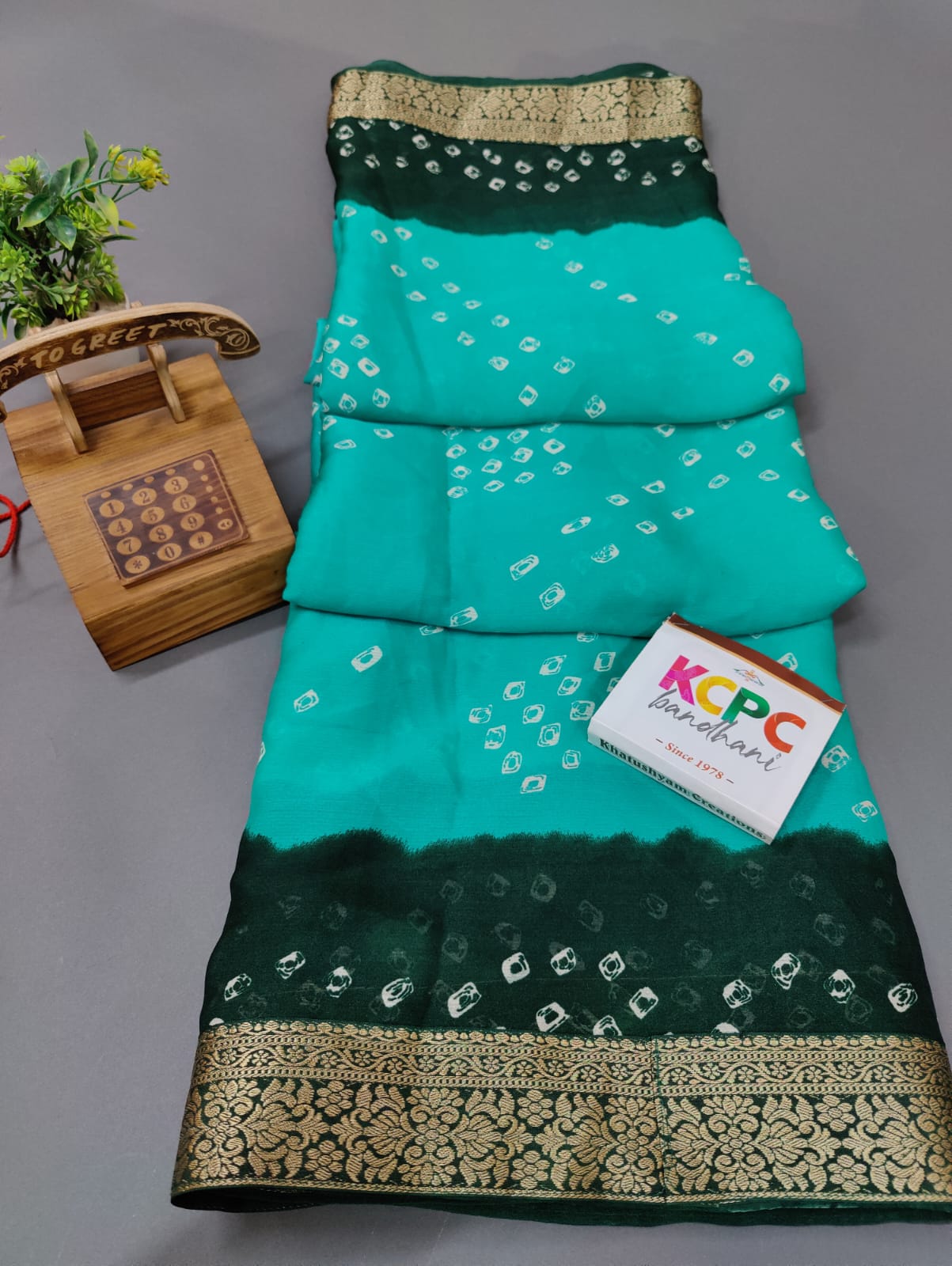 Beautiful Moss Chiffon Georgette Bandhani Sarees Or Kcpc Rama Bottle Green Saree