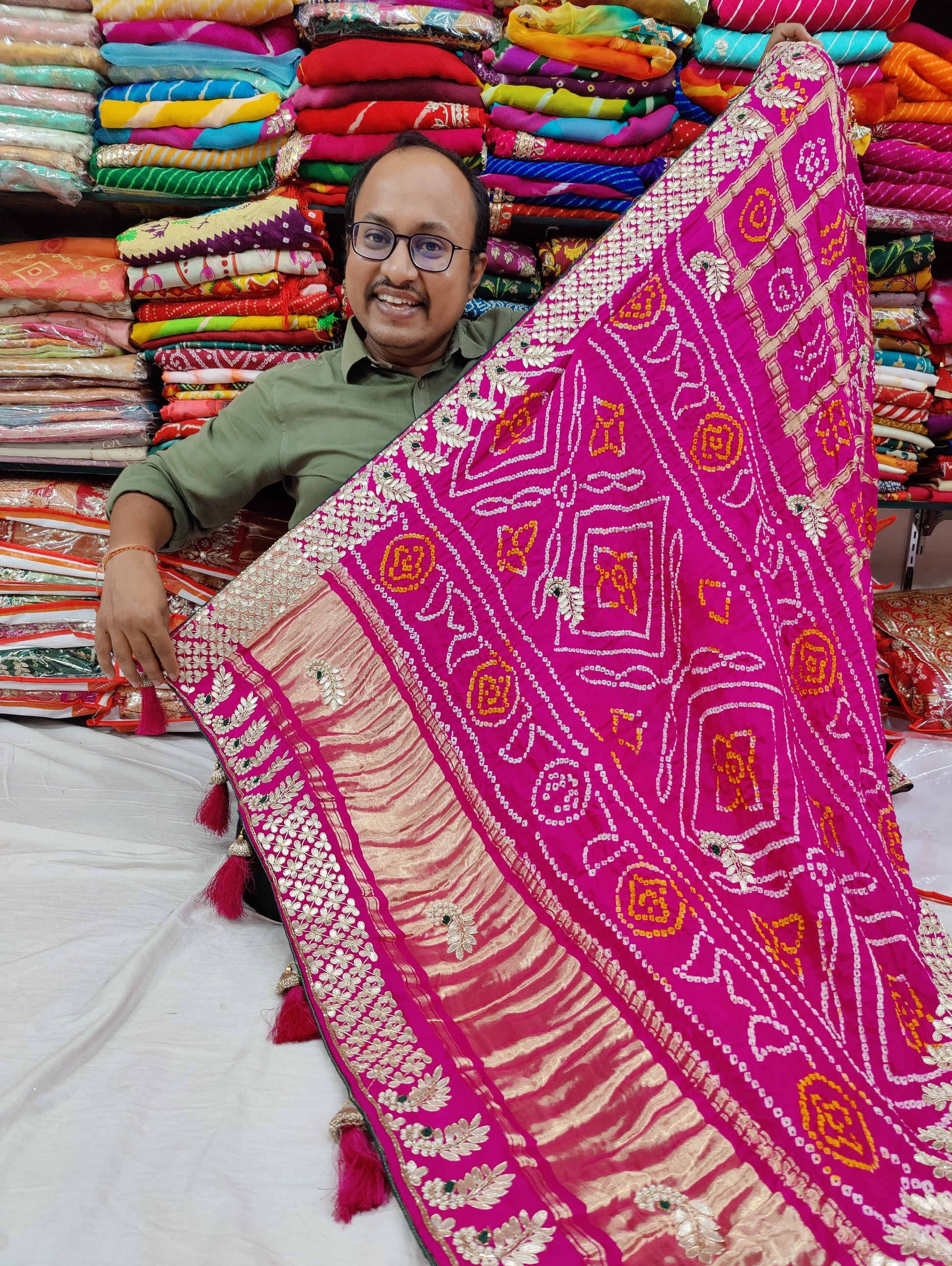 Pure Gajji Silk Bandhani Ghatchola Heavy Gotapatti Work Saree Nr