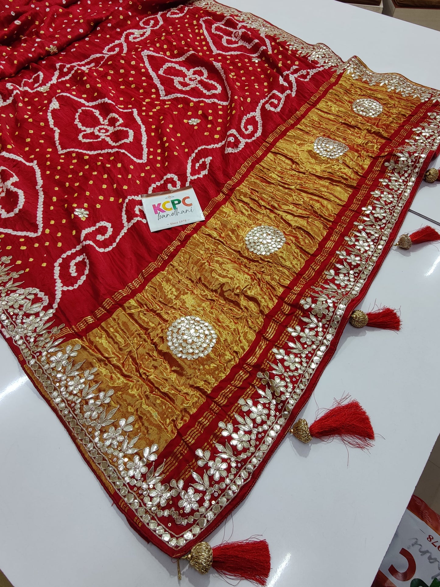 Pure Gaji Silk Bandhani Ekdana Bandhej Heavy Gotapatti Work Saree, AMT