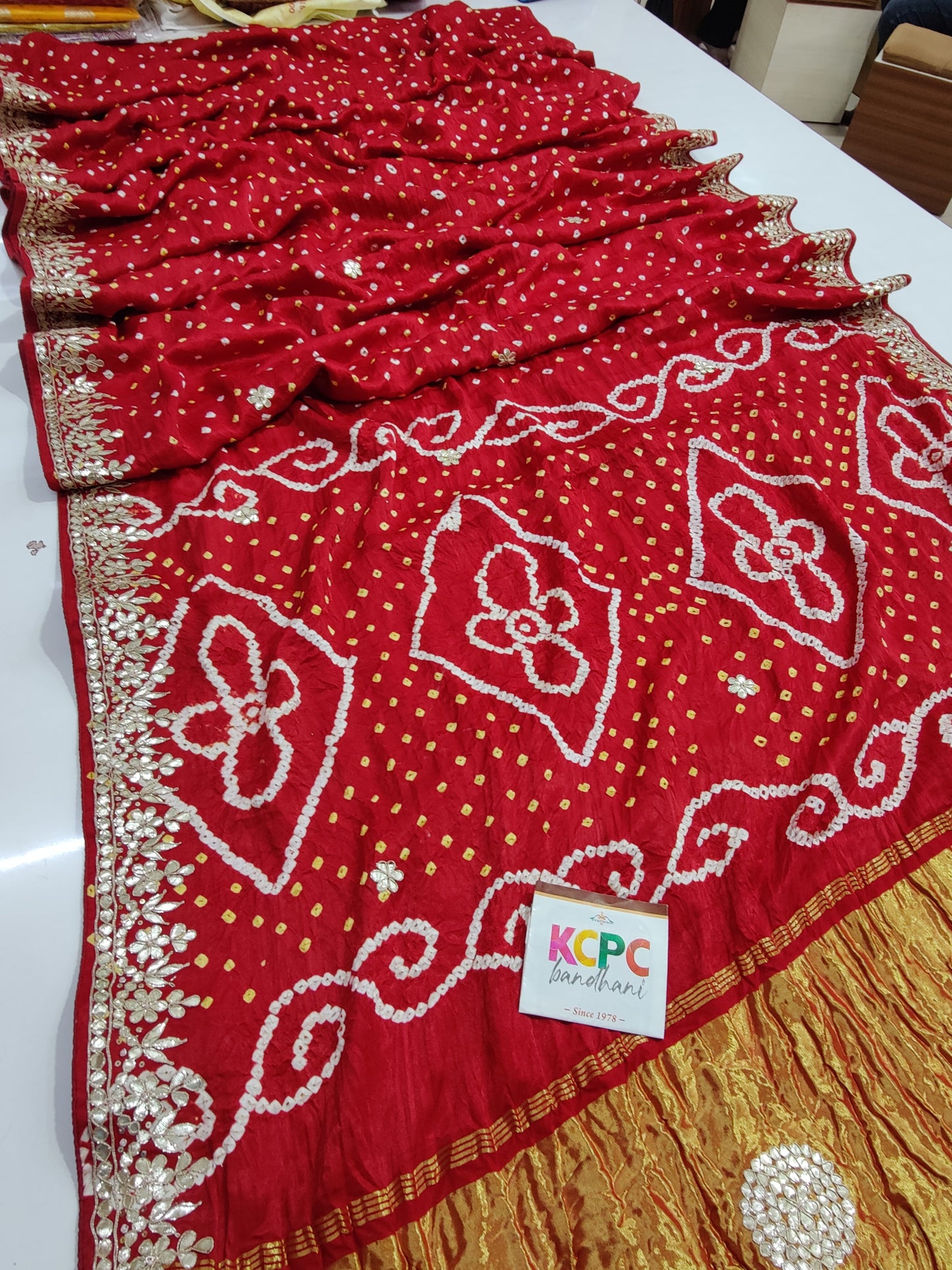 Pure Gaji Silk Bandhani Ekdana Bandhej Heavy Gotapatti Work Saree, AMT